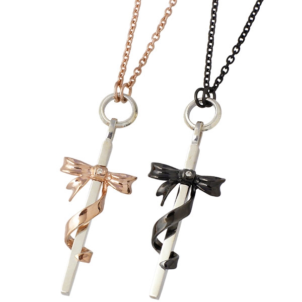 ケンブラッド KEN BLOOD シルバー ネックレス ペア クロス & リボン ダイヤモンド KB-KP-324PKBK-P 送料無料